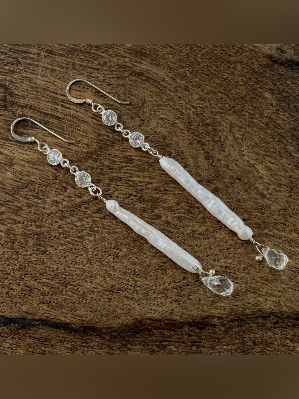 Long White Biwa Pearl Drop Earrings, Natural Crystal Quartz, White Zircon Gemsto